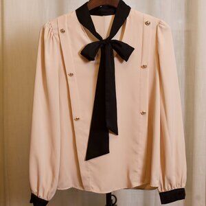 Chic Blush and Black Long Sleeve Blouse w/ Bow